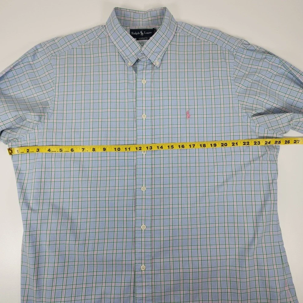 Ralph Lauren Polo Shirt Mens 17 - 32/33 Classic Fit Blue Green PInk‎ Pony Check